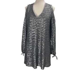 Avec Les Filles Silver Sequined Cold Shoulder Mini Party Dress Womens Medium